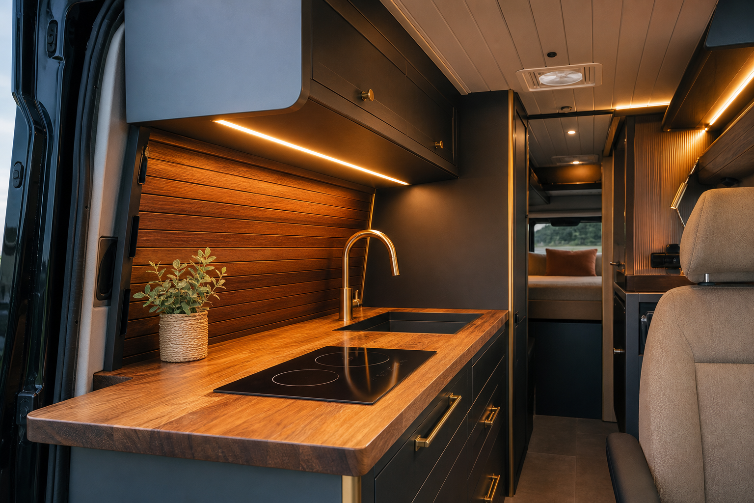 Camper-Küche mit Arbeitsfläche und Kochfeld